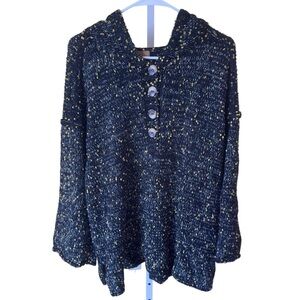 POL Navy Yellow Speckled Knit‎ Hoodie Sweater Button Front Bell Sleeve Size M